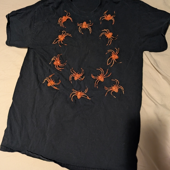 Black Tee with Handsewn Orange Plastic Spiders - Picture 1 of 3